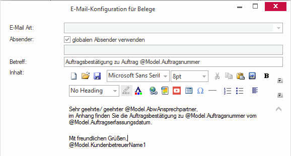 Beispiel für den Inhalt in der E-Mail-Konfiguration