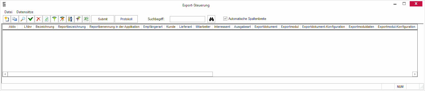 Bildschirm "Export-Steuerung" für die Pflege der Exportdaten von DMS und automatischen E-Mailversand