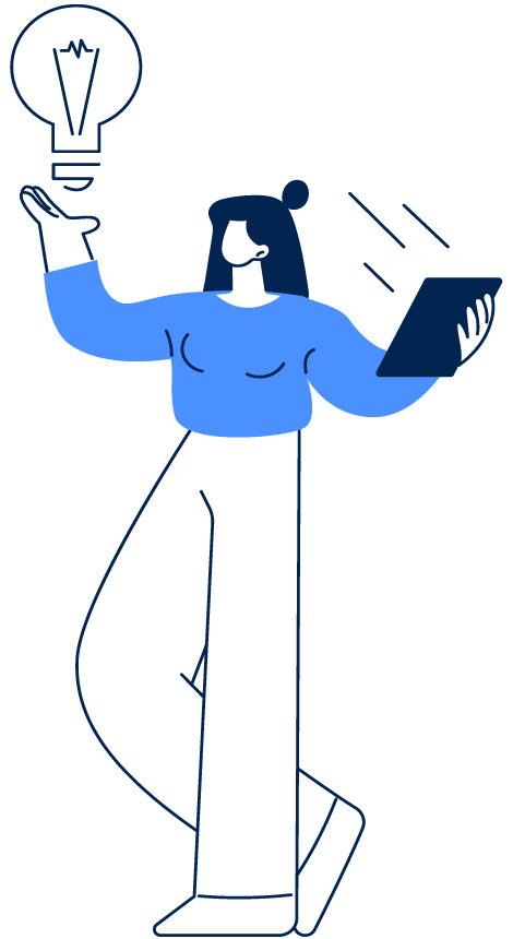 Illustration_Frau_Glühbirne_New_Blue Illustrierte Frau mit Tablet in der Hand weist mit schwebender Glühbirne auf Hinweis hin